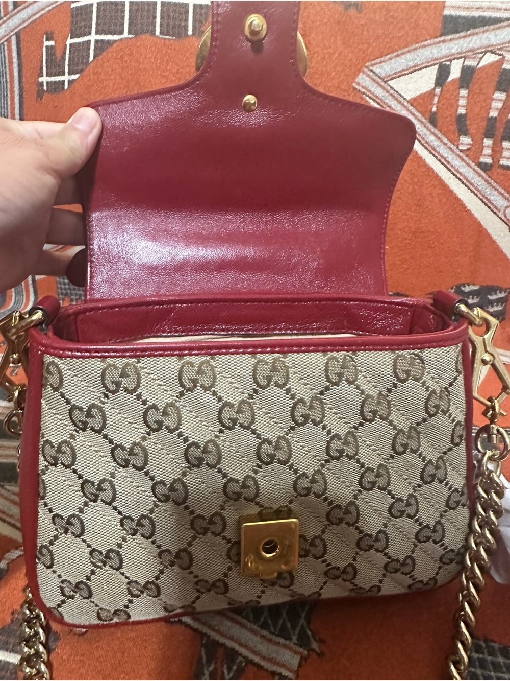 GUCCI ❤️🌟 BEIGE GG CANVAS TOP HANDLE SATCHEL W/ CHERRY RED TRIMMING ⭐️ - Picture 10 of 13
